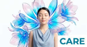 수술 후 회복과 케어를 상징하는 평온한 분위기의 여성 모델과 꽃 에셋